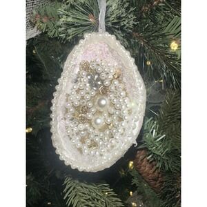 White Beaded Abalone Seashell Bauble Ornament Handmade Sequin Glitter Hanging